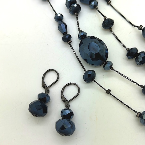Black Cut Glass Beaded Four Strand Necklace w/Matching Dangle Earrings/16”-20” - Picture 4 of 4